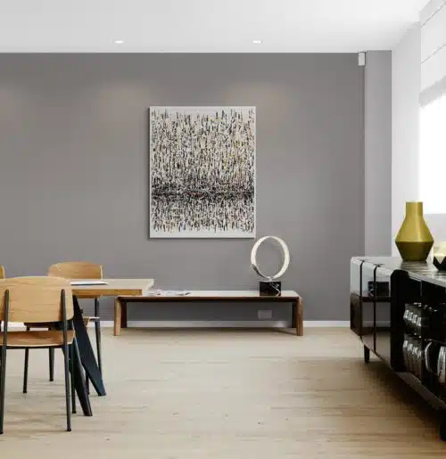 Aro Croire en moi large abstract painting displayed in a warm grey dining room