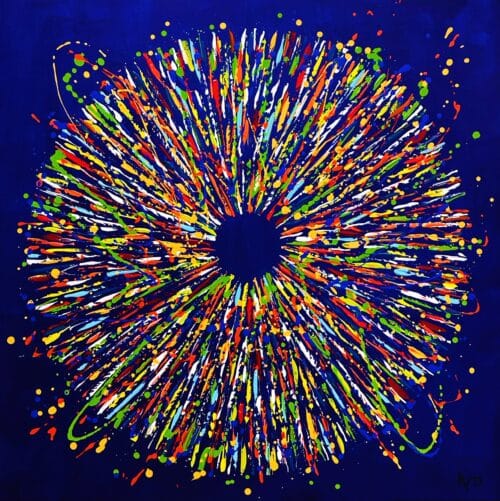 Original abstract acrylic painting De la joie dans les yeux by Canadian artist Aro, 36 by 36 inches, a burst of scarlet, orange and spring green radiating over royal ultramarine