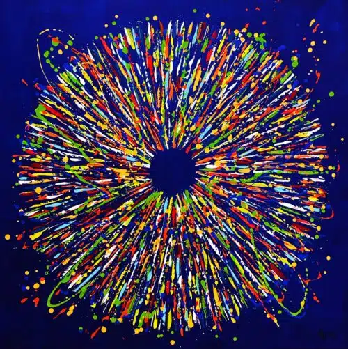 Original abstract acrylic painting De la joie dans les yeux by Canadian artist Aro, 36 by 36 inches, a burst of scarlet, orange and spring green radiating over royal ultramarine
