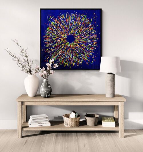 Aro De la joie dans les yeux painting displayed on a white wall above a pale oak console