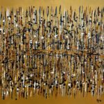 Original abstract acrylic painting Démarque-toi by Canadian artist Aro, 36 by 36 inches, black and cream strokes threaded with copper on a burnished gold ground