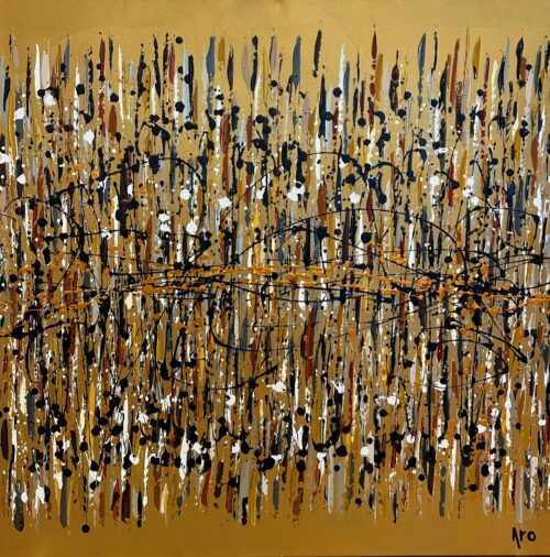 Original abstract acrylic painting Démarque-toi by Canadian artist Aro, 36 by 36 inches, black and cream strokes threaded with copper on a burnished gold ground