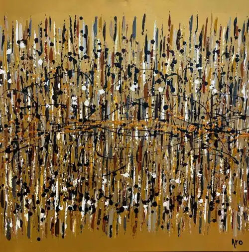 Original abstract acrylic painting Démarque-toi by Canadian artist Aro, 36 by 36 inches, black and cream strokes threaded with copper on a burnished gold ground