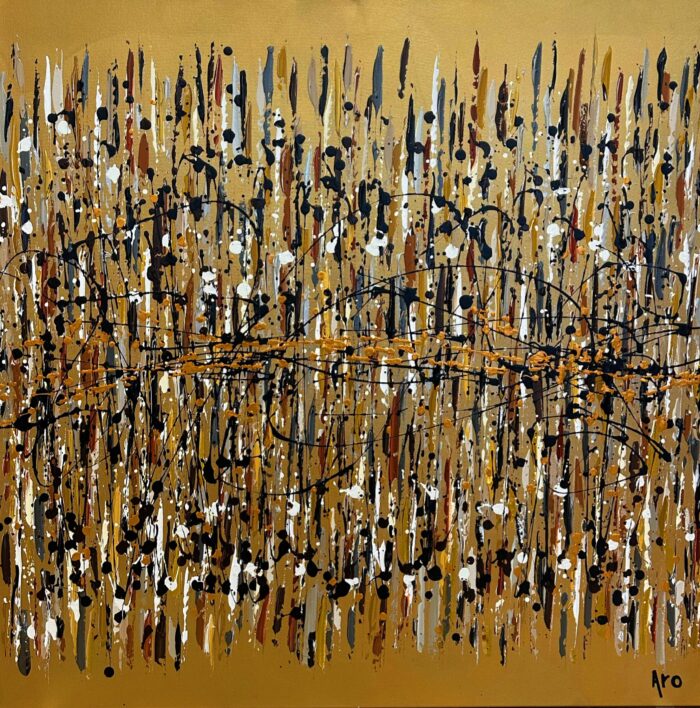 Original abstract acrylic painting Démarque-toi by Canadian artist Aro, 36 by 36 inches, black and cream strokes threaded with copper on a burnished gold ground