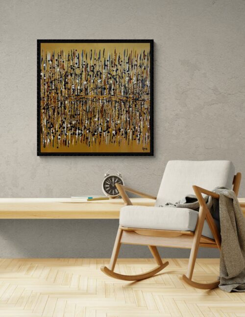 Aro Démarque-toi painting shown above a bench with a rocking chair in a styled room mockup