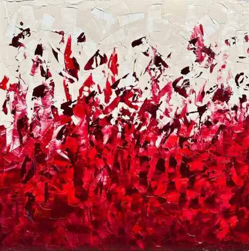 Original abstract acrylic painting Élan vital by Canadian artist Aro, 30 by 30 inches, crimson impasto flames rising into a warm cream field