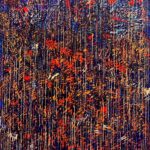 Original abstract acrylic painting Empreinte de l'esprit by Canadian artist Aro, 60 by 30 inches, cobalt descending into vermilion and indigo with pale drip filaments