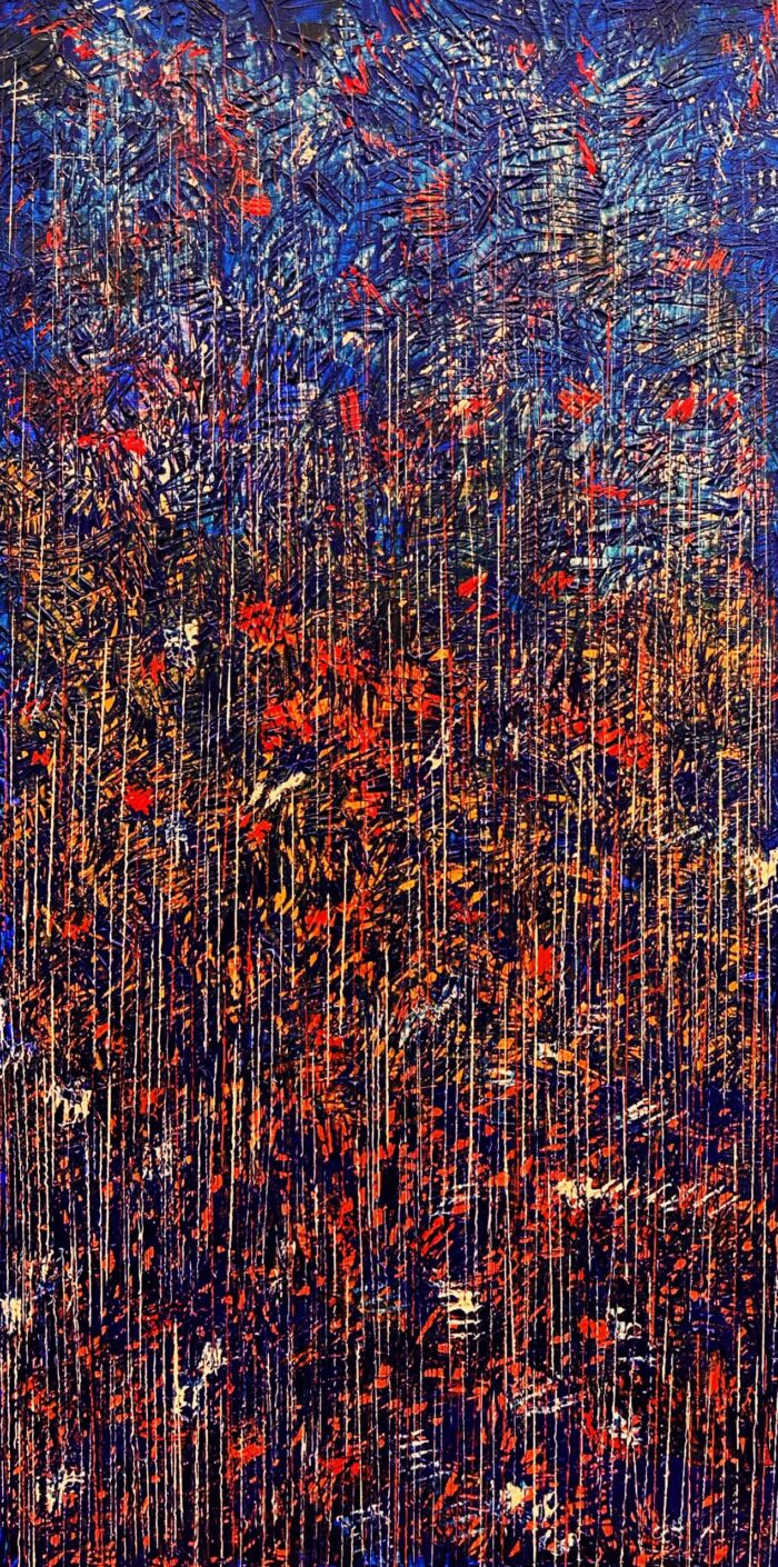 Original abstract acrylic painting Empreinte de l'esprit by Canadian artist Aro, 60 by 30 inches, cobalt descending into vermilion and indigo with pale drip filaments