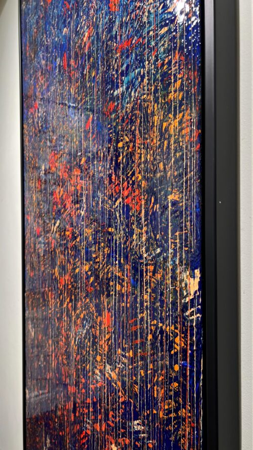 Close-up detail of Empreinte de l'esprit by Aro showing knife-hatched cobalt strokes over glossy relief