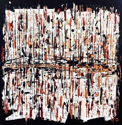 Original abstract acrylic painting Enjoy the ride by Canadian artist Aro, 18 by 18 inches, rust and copper strokes over vintage sheet music crossed by thrown black loops