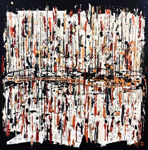 Original abstract acrylic painting Enjoy the ride by Canadian artist Aro, 18 by 18 inches, rust and copper strokes over vintage sheet music crossed by thrown black loops