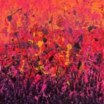 Original abstract acrylic painting Je me sens inspirée by Canadian artist Aro, 36 by 30 inches, a sunset gradient of tangerine, magenta and violet with thrown black loops