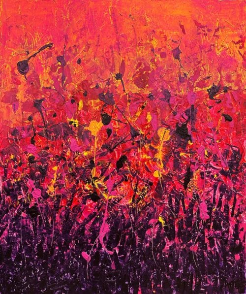 Original abstract acrylic painting Je me sens inspirée by Canadian artist Aro, 36 by 30 inches, a sunset gradient of tangerine, magenta and violet with thrown black loops