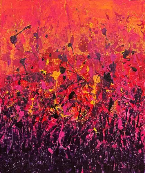 Original abstract acrylic painting Je me sens inspirée by Canadian artist Aro, 36 by 30 inches, a sunset gradient of tangerine, magenta and violet with thrown black loops