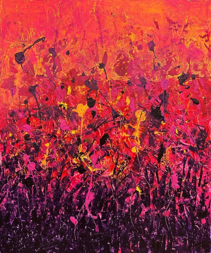 Original abstract acrylic painting Je me sens inspirée by Canadian artist Aro, 36 by 30 inches, a sunset gradient of tangerine, magenta and violet with thrown black loops