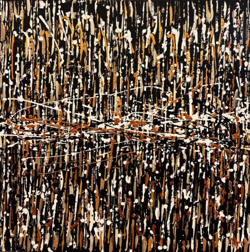 Original abstract acrylic painting Le grand frisson by Canadian artist Aro, 30 by 30 inches, ivory, caramel and copper touches shimmering over near-black