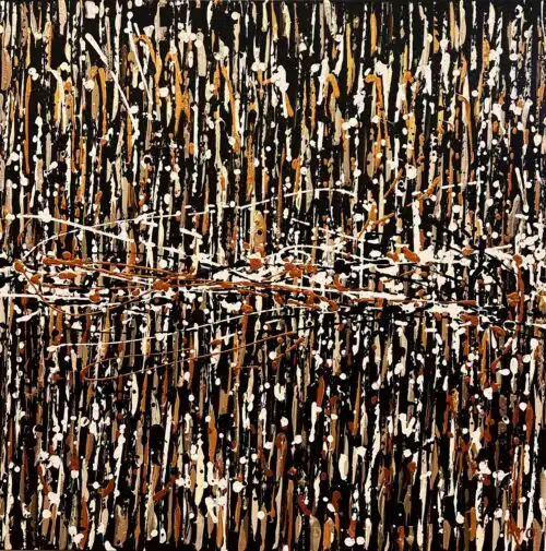 Original abstract acrylic painting Le grand frisson by Canadian artist Aro, 30 by 30 inches, ivory, caramel and copper touches shimmering over near-black
