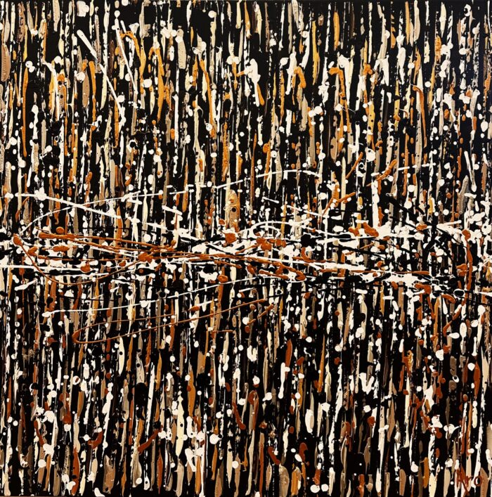 Original abstract acrylic painting Le grand frisson by Canadian artist Aro, 30 by 30 inches, ivory, caramel and copper touches shimmering over near-black