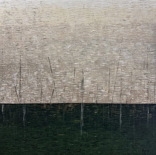 Original abstract acrylic painting Le messager by Canadian artist Aro, 48 by 48 inches, a champagne knife-stroke field over a deep forest green horizon