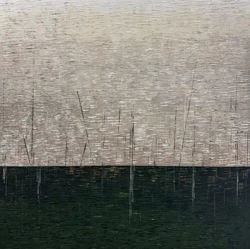 Original abstract acrylic painting Le messager by Canadian artist Aro, 48 by 48 inches, a champagne knife-stroke field over a deep forest green horizon