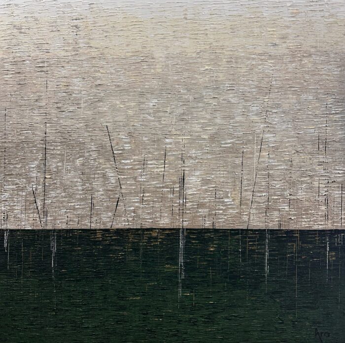 Original abstract acrylic painting Le messager by Canadian artist Aro, 48 by 48 inches, a champagne knife-stroke field over a deep forest green horizon
