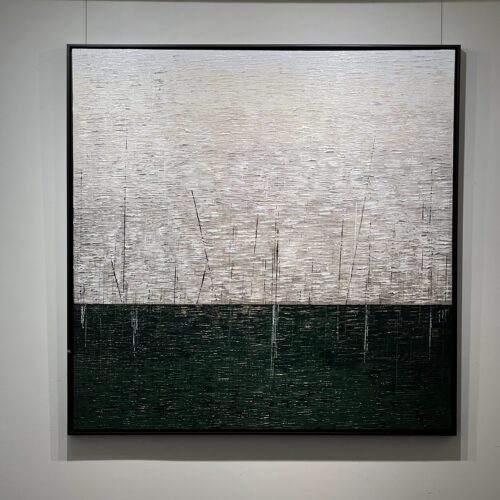 Aro Le messager painting hanging framed on the gallery wall