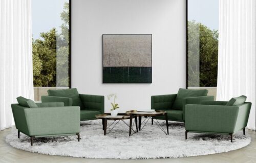 Aro Le messager large abstract painting displayed on a pale grey wall above sage green armchairs