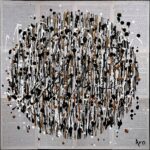 Original abstract acrylic painting Le pouvoir des mots by Canadian artist Aro, 20 by 20 inches, a swarm of black, silver and copper drips over collaged vintage book pages