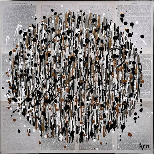 Original abstract acrylic painting Le pouvoir des mots by Canadian artist Aro, 20 by 20 inches, a swarm of black, silver and copper drips over collaged vintage book pages