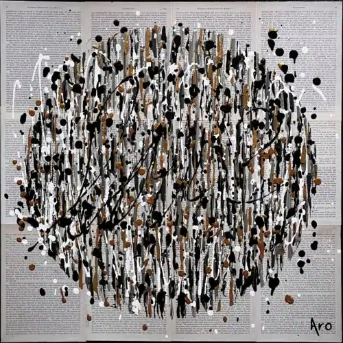 Original abstract acrylic painting Le pouvoir des mots by Canadian artist Aro, 20 by 20 inches, a swarm of black, silver and copper drips over collaged vintage book pages