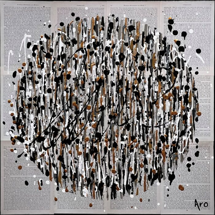 Original abstract acrylic painting Le pouvoir des mots by Canadian artist Aro, 20 by 20 inches, a swarm of black, silver and copper drips over collaged vintage book pages