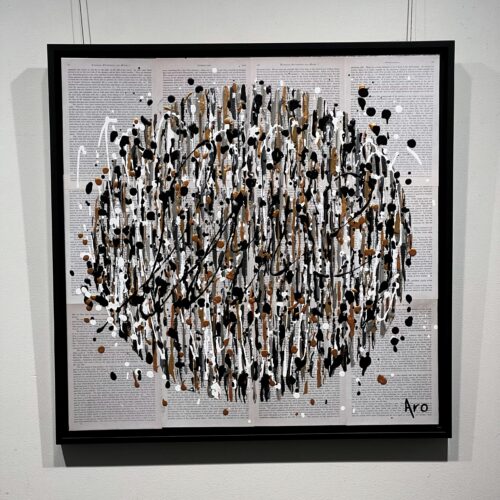 Aro Le pouvoir des mots painting hanging framed on the gallery wall