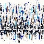 Original abstract acrylic painting Reflet du monde by Canadian artist Aro, 12 by 48 inches, cobalt and sky blue drips falling through white with caramel accents