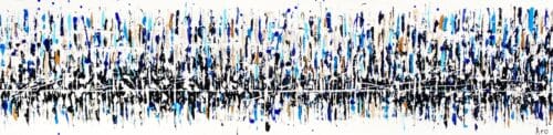 Original abstract acrylic painting Reflet du monde by Canadian artist Aro, 12 by 48 inches, cobalt and sky blue drips falling through white with caramel accents