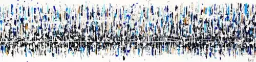 Original abstract acrylic painting Reflet du monde by Canadian artist Aro, 12 by 48 inches, cobalt and sky blue drips falling through white with caramel accents