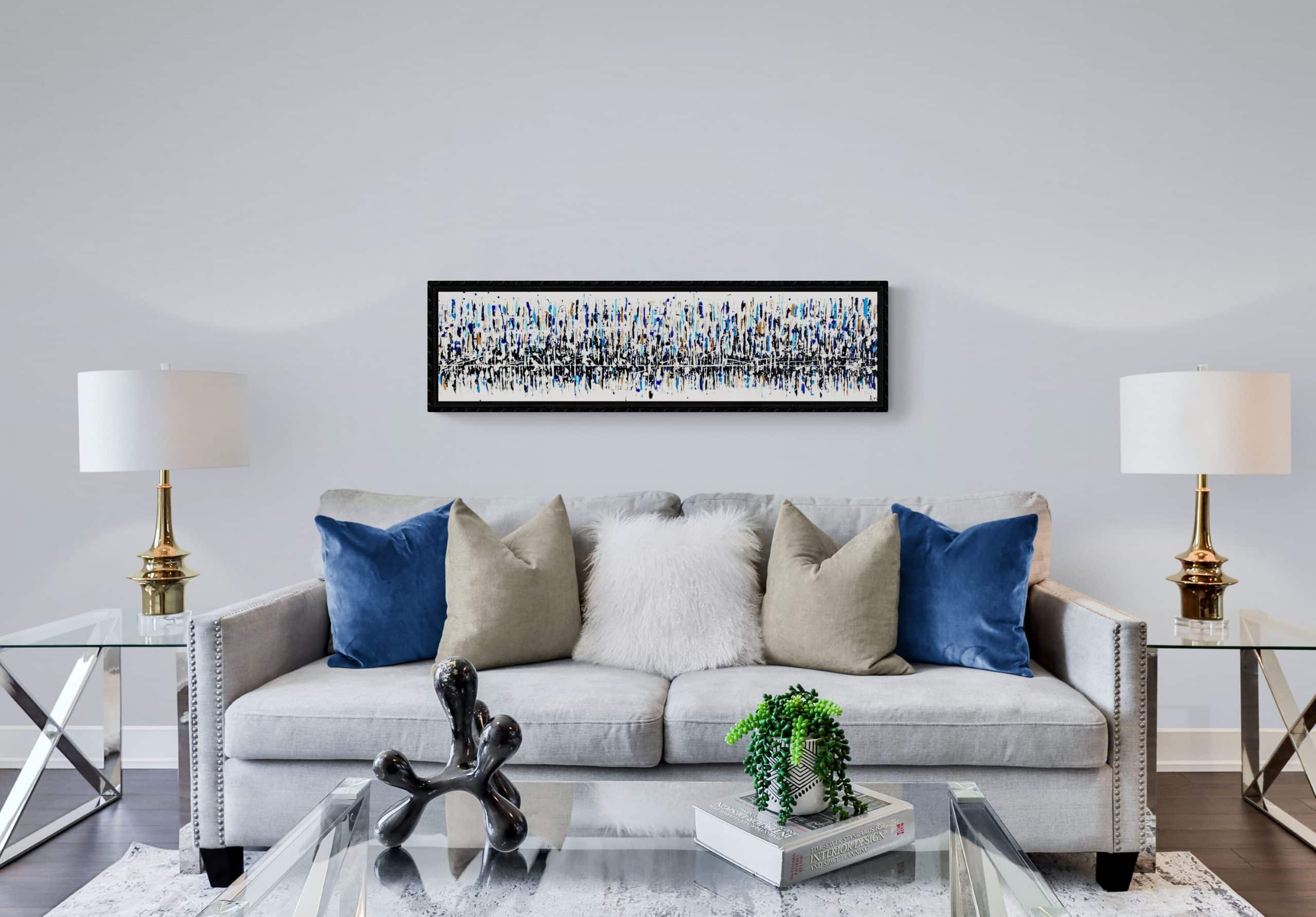 Aro Reflet du monde panoramic abstract painting displayed on a wall in a modern room setting