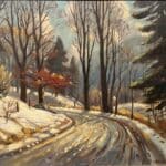 Early Evening Winter Road Scene, original oil on panel by Frank Panabaker, 16 x 20 inches, a snow covered road curving through bare trees