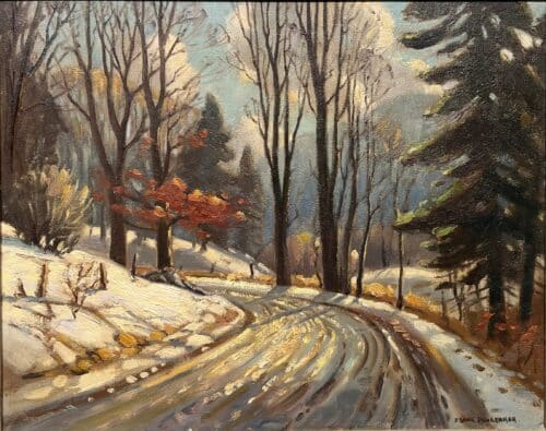 Early Evening Winter Road Scene, original oil on panel by Frank Panabaker, 16 x 20 inches, a snow covered road curving through bare trees