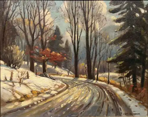 Early Evening Winter Road Scene, original oil on panel by Frank Panabaker, 16 x 20 inches, a snow covered road curving through bare trees