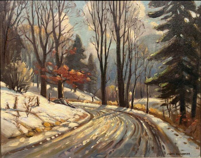 Early Evening Winter Road Scene, original oil on panel by Frank Panabaker, 16 x 20 inches, a snow covered road curving through bare trees
