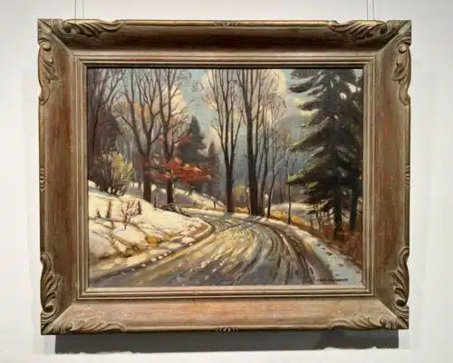 Early Evening Winter Road Scene by Frank Panabaker shown in its original carved wood period frame