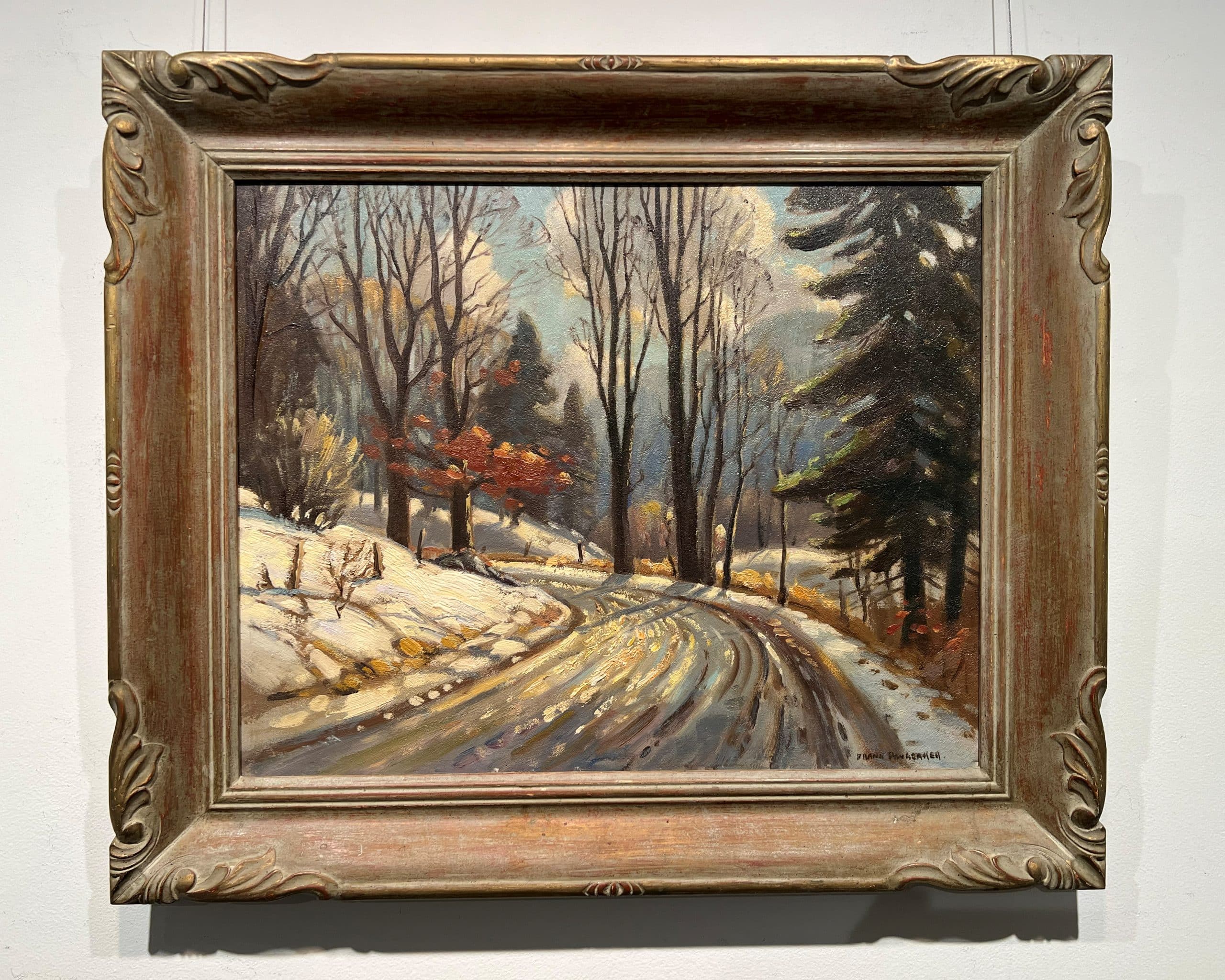 Early Evening Winter Road Scene by Frank Panabaker shown in its original carved wood period frame