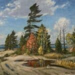 Georgian Bay, original oil on panel by Frank Panabaker, 16 x 20 inches, a windswept white pine on a granite shoreline point