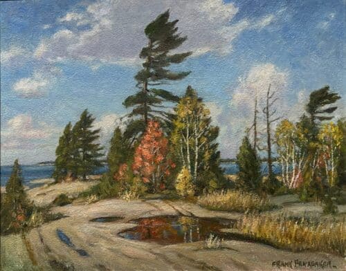 Georgian Bay, original oil on panel by Frank Panabaker, 16 x 20 inches, a windswept white pine on a granite shoreline point