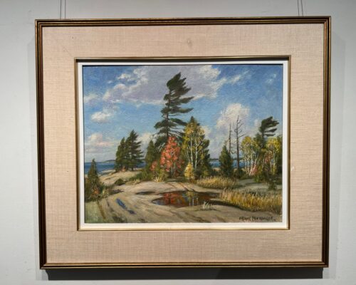Georgian Bay by Frank Panabaker shown in a gold gallery frame with a wide linen mat
