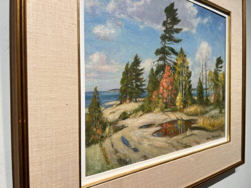 Side angle view of the gold frame and linen mat on Georgian Bay by Frank Panabaker
