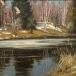 Spring Thaw Mallards, original oil on panel by Frank Panabaker, 18 x 24 inches, two mallard ducks in flight over a half thawed pond