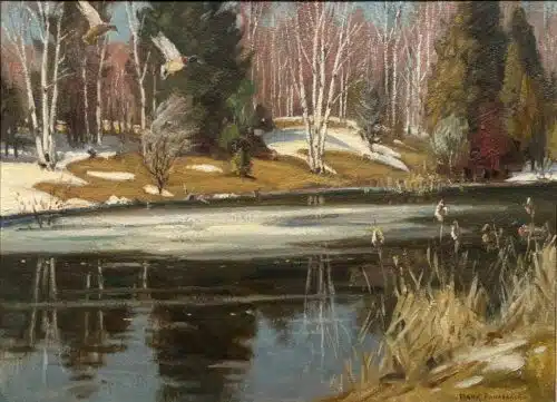 Spring Thaw Mallards, original oil on panel by Frank Panabaker, 18 x 24 inches, two mallard ducks in flight over a half thawed pond
