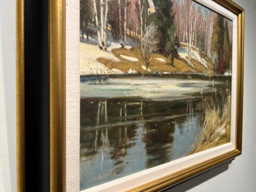 Side angle view of the frame on Spring Thaw Mallards by Frank Panabaker