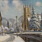 St Johns Church Wilson St Ancaster, original oil on panel by Frank Panabaker, 12 x 16 inches, a snow covered street scene with a Gothic church tower